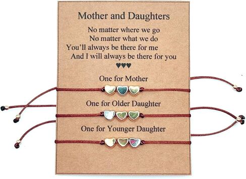 Mother Daughter Bracelet Set – 3 Matching Cord Bracelets with Heart Charms & Gift Card – Sentimental Gift for Mom and Two Daughters, Mother’s Day or Birthday in Saudi Arabia