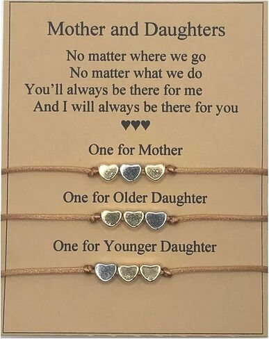 Mother Daughter Bracelet Set – 3 Matching Cord Bracelets with Heart Charms & Gift Card – Sentimental Gift for Mom and Two Daughters, Mother’s Day or Birthday in Saudi Arabia