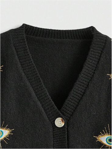 Women's Goth Eye Embroidered Cropped Cardigan Button Down V Neck Long Sleeve Knit Sweater Coats in Saudi Arabia