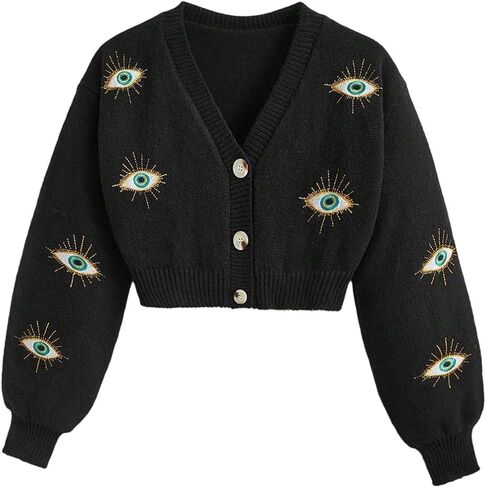 Women's Goth Eye Embroidered Cropped Cardigan Button Down V Neck Long Sleeve Knit Sweater Coats in Saudi Arabia