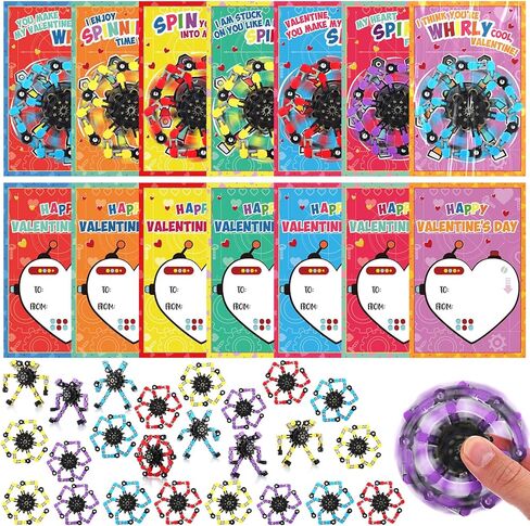 28 Packs Valentine's Day Gifts for Kids, Fidget Spinners with Valentine Cards for Classroom Prize Exchange, Deformable Sensory Toys for Boy Girl Party Favor(Glow) in Kuwait