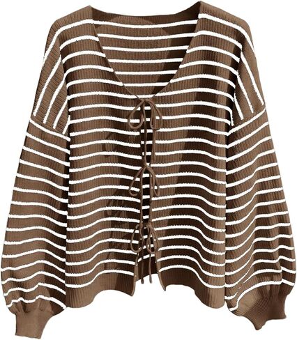 Women's Plus Size Striped Cardigan Sweater Tie Front Long Sleeve V Neck Knitwear Tops in Saudi Arabia