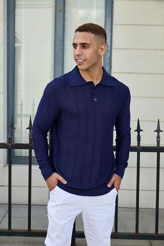 Mens Knit Polo Shirts Long Sleeve Casual Classic Polo Shirt Collared Ribbed Textured Pullover Sweater in Saudi Arabia