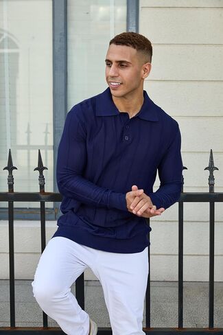 Mens Knit Polo Shirts Long Sleeve Casual Classic Polo Shirt Collared Ribbed Textured Pullover Sweater in Saudi Arabia