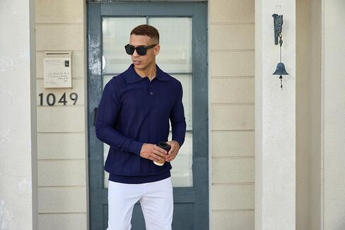 Mens Knit Polo Shirts Long Sleeve Casual Classic Polo Shirt Collared Ribbed Textured Pullover Sweater in Saudi Arabia
