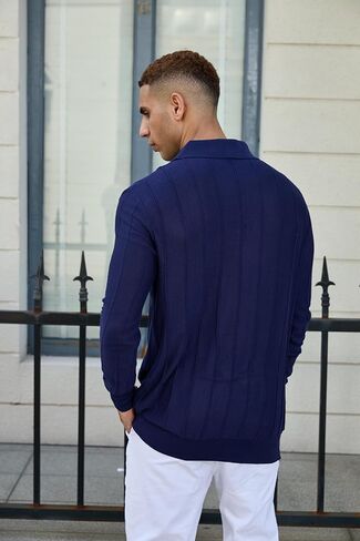 Mens Knit Polo Shirts Long Sleeve Casual Classic Polo Shirt Collared Ribbed Textured Pullover Sweater in Saudi Arabia