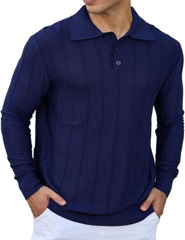Mens Knit Polo Shirts Long Sleeve Casual Classic Polo Shirt Collared Ribbed Textured Pullover Sweater in Saudi Arabia