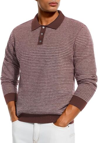 Men's Knit Textured Polo Sweater, Long Sleeve Collared Casual Shirts in Saudi Arabia