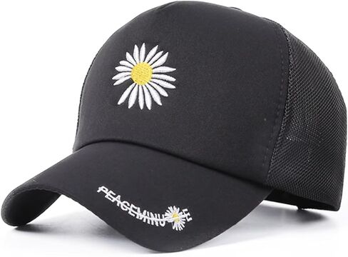 Daisy Embroidered Trucker Hat, Adjustable Mesh Baseball Cap Detail for Men & Women (Black/Beige/White) in Saudi Arabia