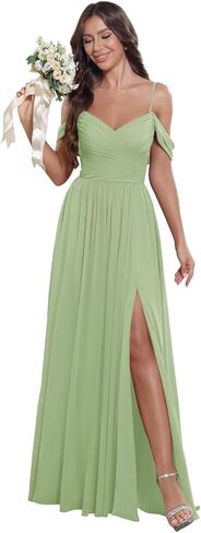 فساتين وصيفة العروس بكتف بارد من Verngo مع فتحة طويلة من الشيفون على شكل حرف A مكشكشة بدون ظهر فساتين رسمية للحفلات المسائية in Kuwait