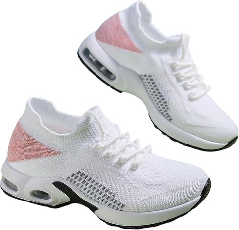 Women's Breathable Mesh Casual Walking Shoes, White and Pink, Slip-on, Round Toe, Flat Heel, Athletic in Saudi Arabia