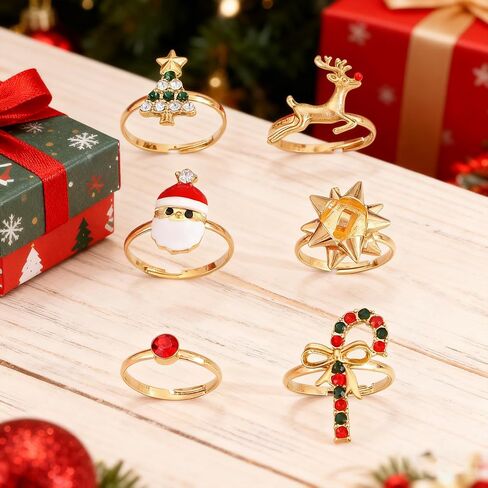 خواتم عيد الميلاد مجموعة للنساء 6 قطعة شجرة عيد الميلاد ندفة الثلج القوس سانتا كلوز الرنة قصب الحلوى خاتم مجموعة in Kuwait