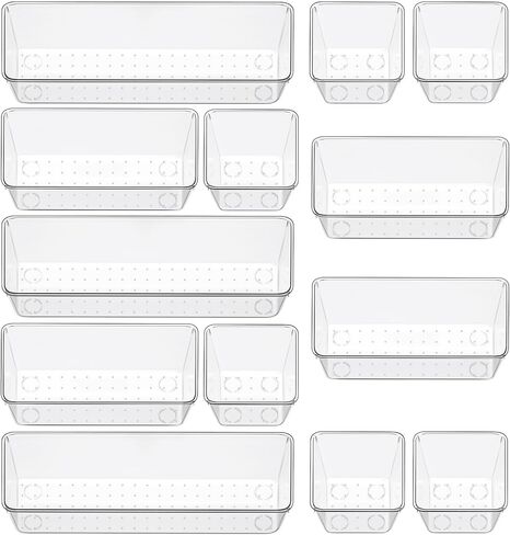12 Piece Clear Drawer Organizer Set, 3 Sizes Bathroom Vanity Organizer Trays and Storage Bins for Makeup, Cosmetics, Jewelry, and Gadgets. Perfect for Office, Kitchen, Bedroom, Bathroom Use. in Kuwait