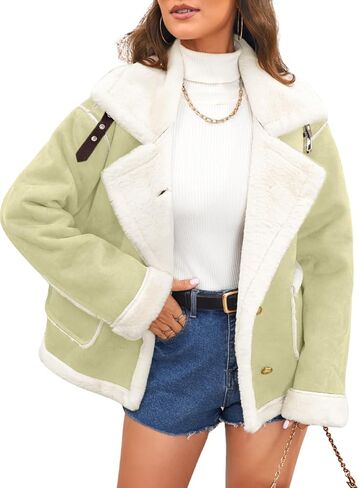 Women's Faux Suede Sherpa Lined Jacket, Oversized Fur Lapel Coat, Winter Warm Outfit Trendy in Saudi Arabia