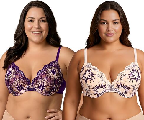 Curve Muse Women's Plus Size Lightly Padded Full Coverage Underwire Lace Bra-2PK in Saudi Arabia