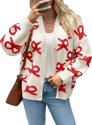 Saodimallsu Womens Bow Cardigan Sweaters Button Up Chunky Knit Loose Fit Fall Winter Sweater Coats with Pockets in Saudi Arabia