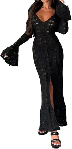 Women's 2025 Trendy V-Neck Button Down Crochet Knit Maxi Long Cardigans in Saudi Arabia