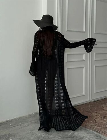 Women's 2025 Trendy V-Neck Button Down Crochet Knit Maxi Long Cardigans in Saudi Arabia