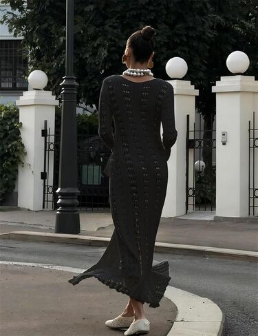 Women's 2025 Trendy V-Neck Button Down Crochet Knit Maxi Long Cardigans in Saudi Arabia