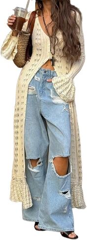 Women's 2025 Trendy V-Neck Button Down Crochet Knit Maxi Long Cardigans in Saudi Arabia