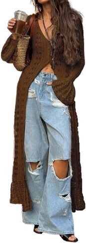 Women's 2025 Trendy V-Neck Button Down Crochet Knit Maxi Long Cardigans in Saudi Arabia