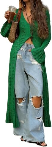 Women's 2025 Trendy V-Neck Button Down Crochet Knit Maxi Long Cardigans in Saudi Arabia