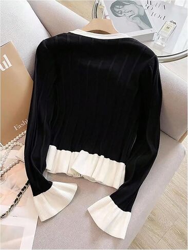 GORGLITTER Women's Ruffle Cardigan Dressy Cozy Colorblock Long Sleeve Button Up Crewneck Flowy Fashion Knit Sweater Tops in Saudi Arabia
