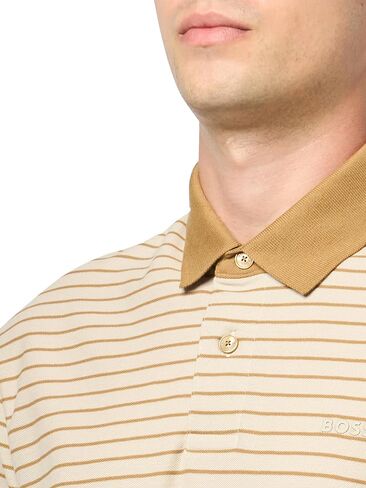 BOSS, Stripe Cotton Short Sleeve Polo Shirt, Cappuccino, M in Saudi Arabia