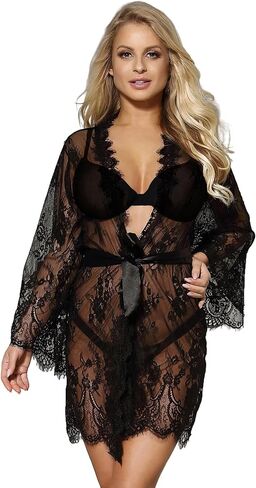 ohyeahlady Plus Size Lace Robe Babydoll Lingerie Mesh Nightgown Open Front Sleepwear V Neck Sexy Kimono Chemise Nightie in Saudi Arabia