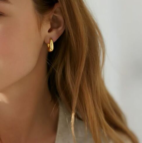 Tear Drop Huggie Hoop Earrings, 14K Gold Plated, Small Chunky Hoops for Women, Hypoallergenic Lightweight Earrings for Sensitive Ears in Saudi Arabia