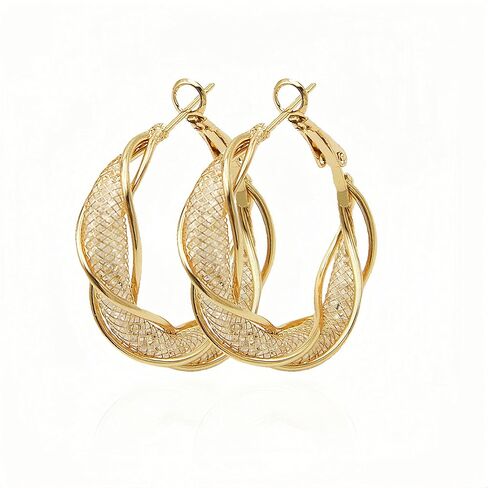 Luxury Silver/Gold Plated Brass Hoop Earrings for Women, 3D Metal Mesh with Sparkling Diamonds, Lightweight Twisted Circle Design (33mm), Stylish Daily Jewelry, Gift Box Included in Saudi Arabia
