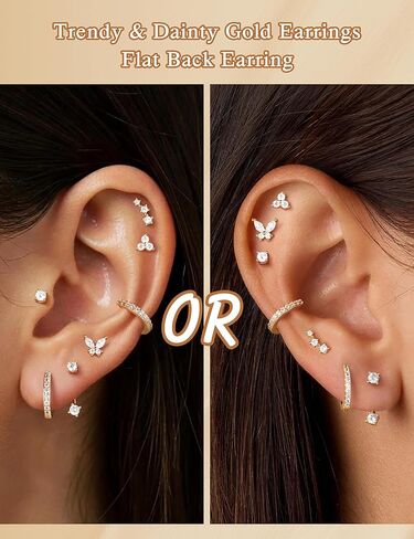 M MOOHAM Hypoallergenic Earring Stacks - 7 Pairs 14K Gold Plated Flat Back Stud Earrings Dainty Huggie Hoop Cartilage Helix Earring Jacket, Fashion Accessories Western Jewelry Gifts in Saudi Arabia