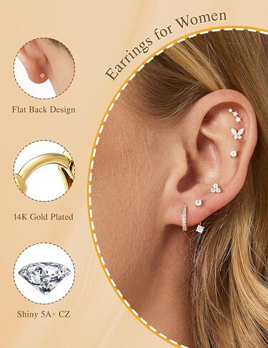 M MOOHAM Hypoallergenic Earring Stacks - 7 Pairs 14K Gold Plated Flat Back Stud Earrings Dainty Huggie Hoop Cartilage Helix Earring Jacket, Fashion Accessories Western Jewelry Gifts in Saudi Arabia