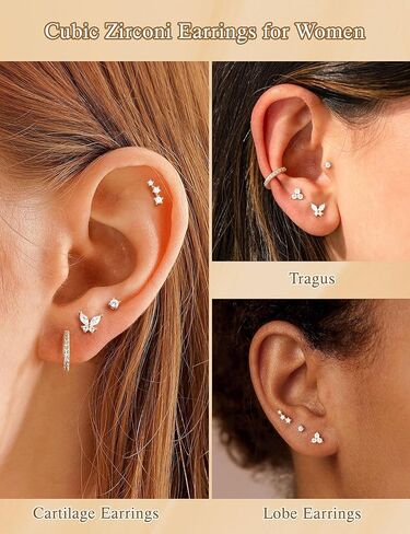 M MOOHAM Hypoallergenic Earring Stacks - 7 Pairs 14K Gold Plated Flat Back Stud Earrings Dainty Huggie Hoop Cartilage Helix Earring Jacket, Fashion Accessories Western Jewelry Gifts in Saudi Arabia