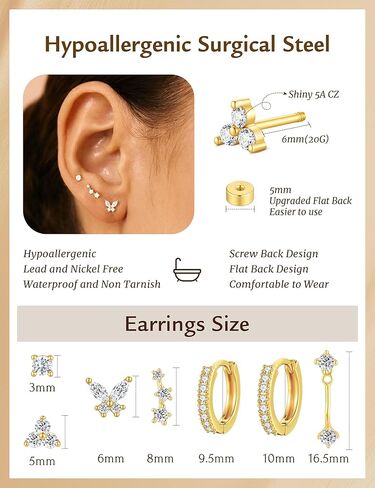 M MOOHAM Hypoallergenic Earring Stacks - 7 Pairs 14K Gold Plated Flat Back Stud Earrings Dainty Huggie Hoop Cartilage Helix Earring Jacket, Fashion Accessories Western Jewelry Gifts in Saudi Arabia