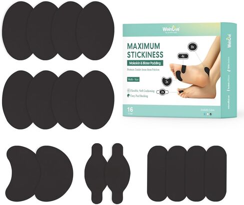 Welnove Moleskin Adhesive Pads for Feet,Blister Bandages for Feet, Mole Skin Patch for Feet Heels, Skin Tape Stickers for Feet - 16 Sheets of 4 Shapes in Kuwait