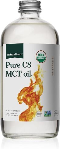 Natural Force Organic Pure C8 MCT Oil – Liquid MCT Oil in Glass Bottle Container – Concentrated Caprylic Acid – Keto, Paleo, Kosher, Vegan & Non-GMO – Lab Tested for Quality and Purity, 32 Ounce in Kuwait