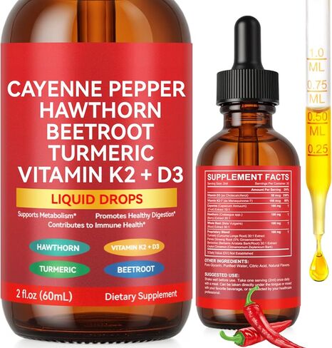 Cayenne Pepper Drops, Cayenne Pepper Hawthorn Beet Root Turmeric Curcumin, Vitamin K2 & D3, Cayenne Health Supplements, Gentle Formula, Vegan-Friendly, Easily Absorbed - 60ml in Kuwait