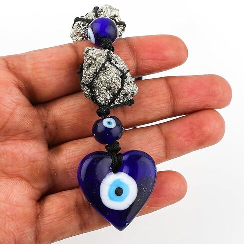 CRYSTALIS Hanging Accessories - Evil Eye Natural Pyrite Gemstone Connector, Raw Pyrite Rough, Evil Eye Beads, Keychain, DIY, Strand, Craft, 10" approx. (Crystals for Protection-Wealth-Good Luck) in Saudi Arabia