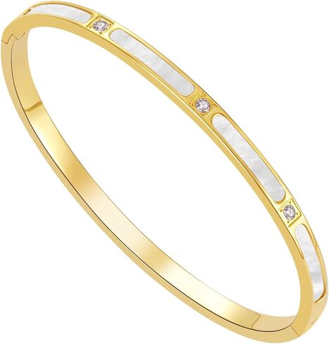 Gold cuff bracelets for women - Mother of Pearl and Cubic Zirconia Bangle, High Polished Stainless Steel, Perfect for Wedding, Party, and Gift for Her in Saudi Arabia