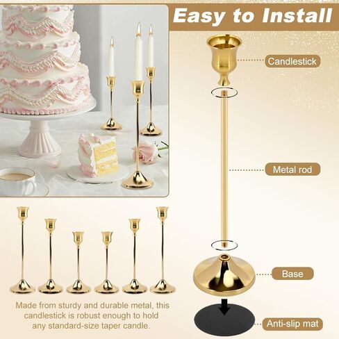 Gold Candlestick Holders Set of 6-3 Different Heights Sturdy Metal Taper Candle Stands, Detachable Vintage Design for Weddings & Holidays in Saudi Arabia