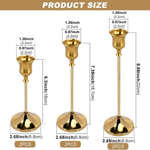 Gold Candlestick Holders Set of 6-3 Different Heights Sturdy Metal Taper Candle Stands, Detachable Vintage Design for Weddings & Holidays in Saudi Arabia