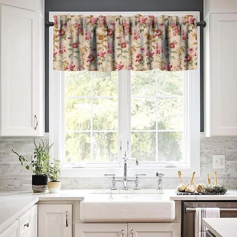 Floral Valance Curtains,Vintage Flowers Plant Short Drapes for Kitchen Bedroom Cafe Window Treatment 1 Panel 54" W x 18" L Inch in Saudi Arabia