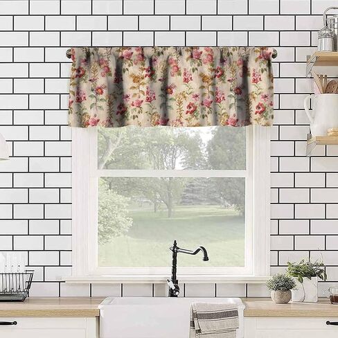 Floral Valance Curtains,Vintage Flowers Plant Short Drapes for Kitchen Bedroom Cafe Window Treatment 1 Panel 54" W x 18" L Inch in Saudi Arabia