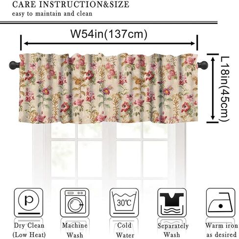 Floral Valance Curtains,Vintage Flowers Plant Short Drapes for Kitchen Bedroom Cafe Window Treatment 1 Panel 54" W x 18" L Inch in Saudi Arabia