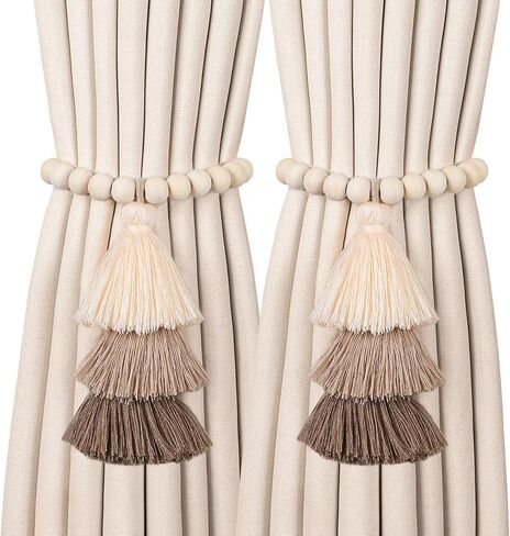 2 Pack Magnetic Curtain Tiebacks with 3-Tier Tassel, Wood Bead Curtain Holdbacks No Drill, Boho Curtain Tie Backs, Decorative Curtain Holders for Drapes in Bedroom, Nursery, Living Room (Coffee Brown) in Saudi Arabia