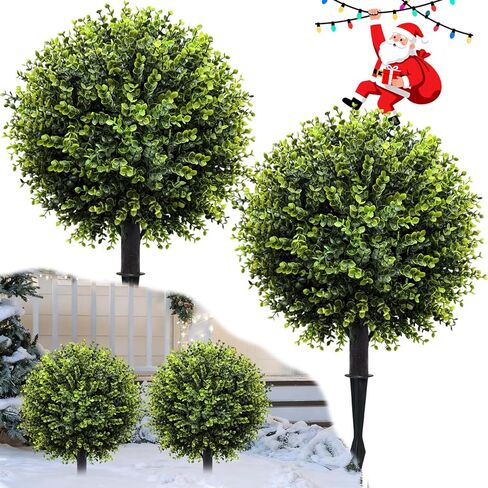 2 Pack Artificial Boxwood Topiary Ball Trees with Ground Spikes 23",UV Resistant Fake Shrubs for Outdoors,Realistic Faux Plants Bushes for Garden Porch Yard Patio Decor in Kuwait