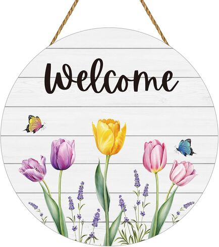 Spring Decorations for Home Wreaths for Front Door Butterfly Tulip Wreath Front Door Decor Wooden Spring Welcome Sign Hanger for Wall Porch Indoor Home Decor(Yellow) in Saudi Arabia