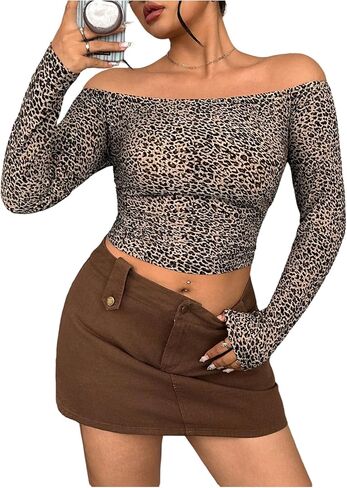 Floerns Women's Plus Size Cheetah Print Off The Shoulder T Shirt Long Sleeve Crop Tops in Saudi Arabia