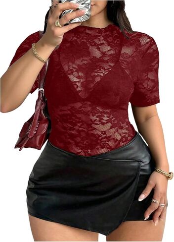 Women's Plus Size See Through lace Tops Short Sleeve Mock Neck Tight t Shirt Going Out Top in Saudi Arabia